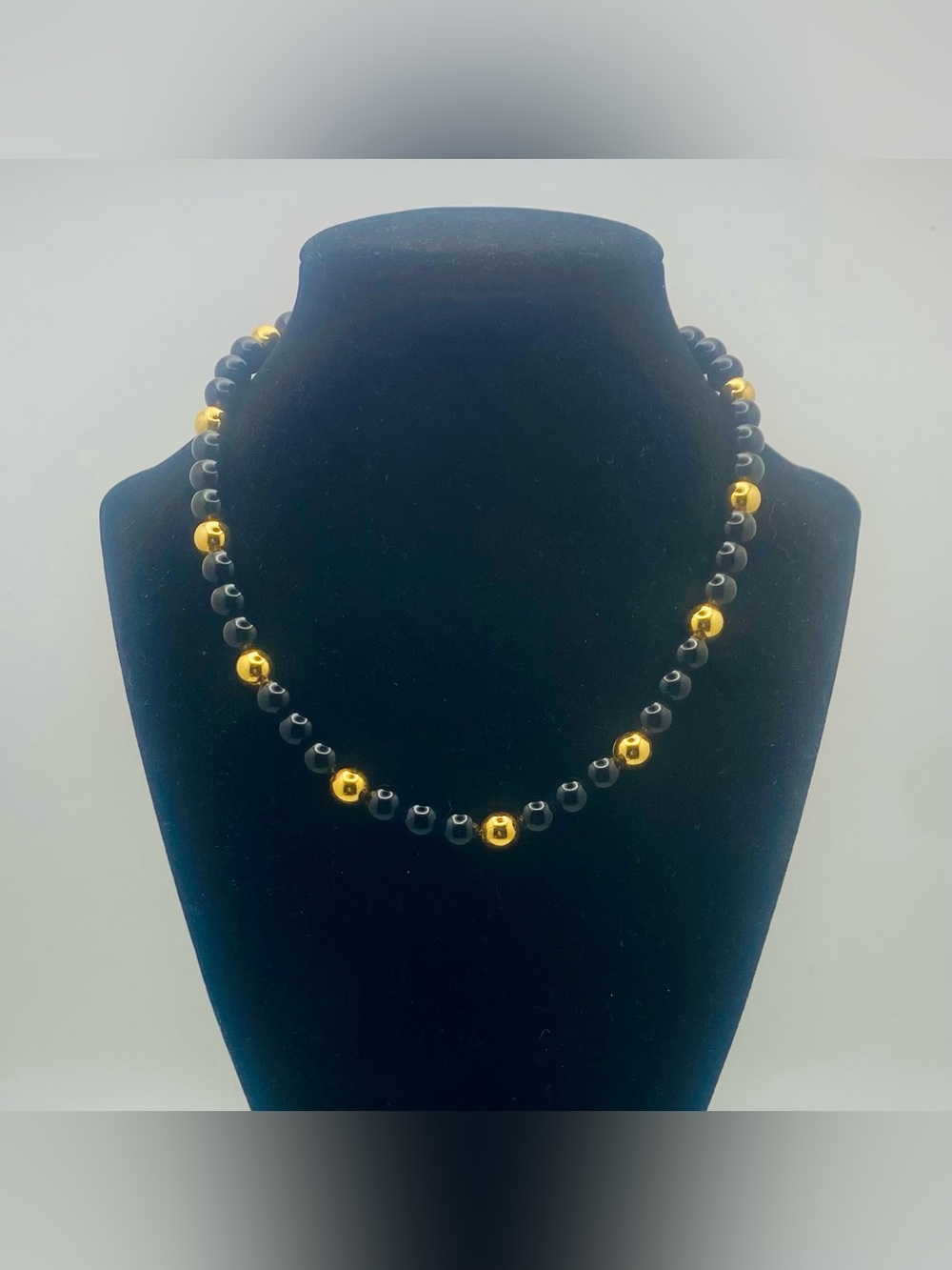 Vintage Napier Black & Gold Tone Bead Strand Choker 16”